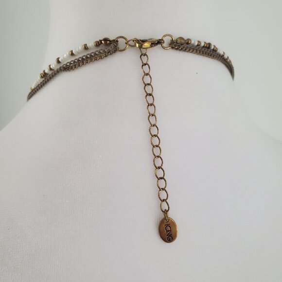 ICING Long Beaded Chain Tassel Fringe Bib Boho Necklace Bronze & White Gold Tone - Picture 7 of 7